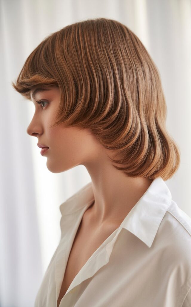 A fashion model with a butterfly haircut photographed in side profile, hair featuring shorter crown and face-framing layers that lift away from the scalp blending into longer lengths at the back