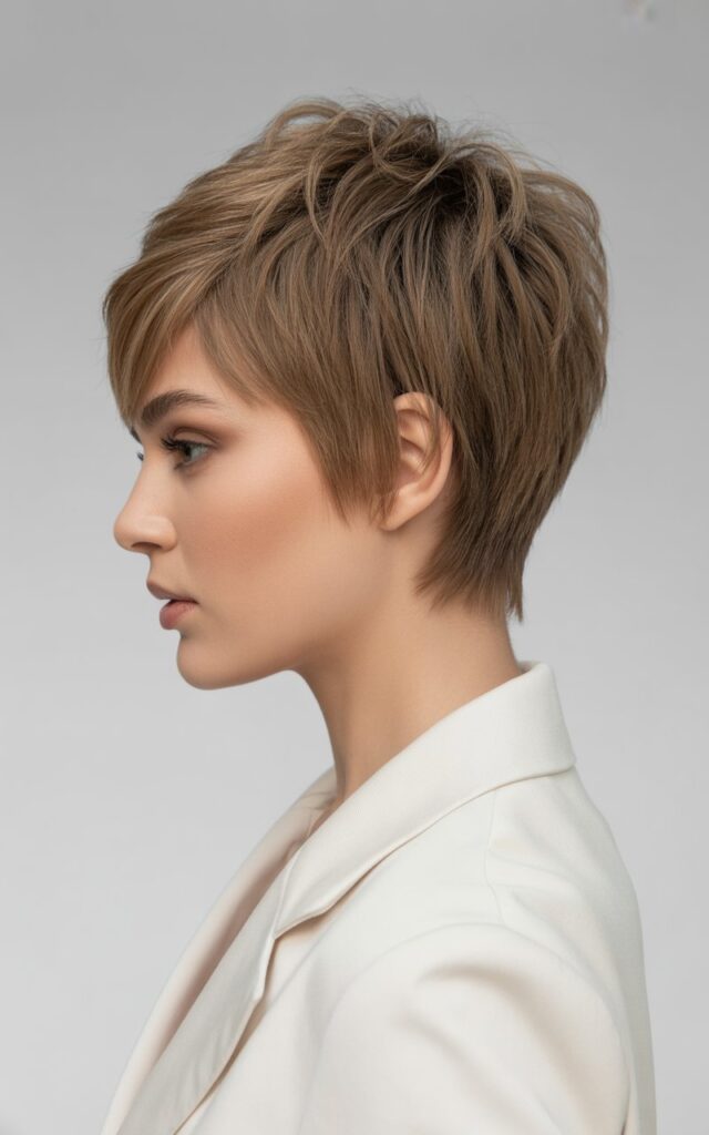 A fashion model with a choppy pixie haircut photographed in side profile, hair cut short with heavy layers concentrated at the crown and top creating visible lift and fullness away from the scalp