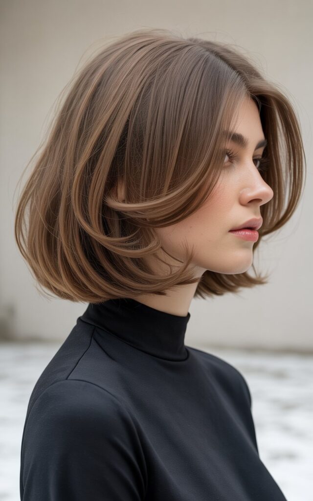 A fashion model with a layered bob haircut photographed in side profile, hair cut to chin-jaw length with visible internal layers creating movement and body