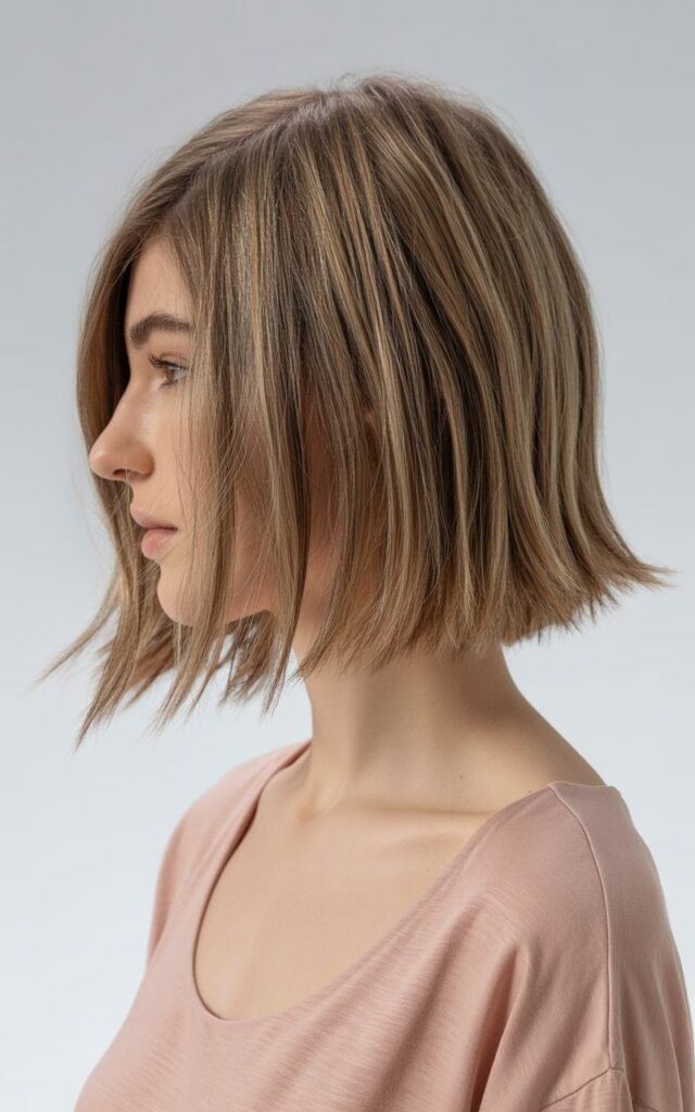 A fashion model with a layered long bob haircut photographed in side profile, hair falling between the collarbone and shoulders with choppy, textured layers throughout