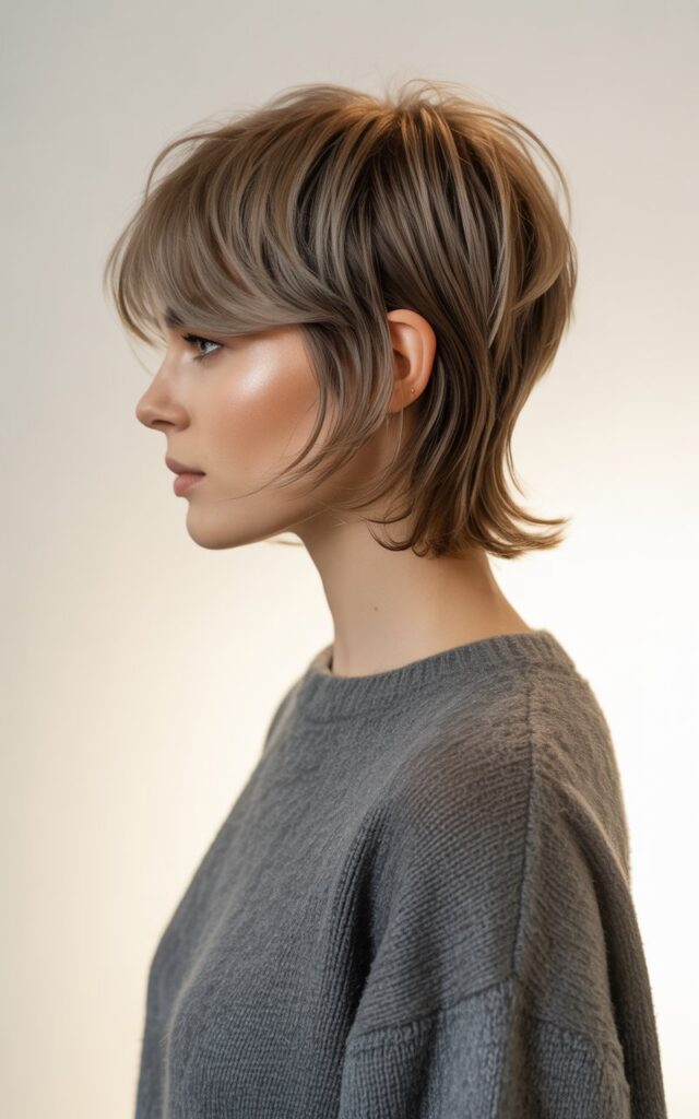 A fashion model with an adapted wolf cut haircut photographed in side profile, hair featuring soft blended layers that start a few inches below the crown and gradually build volume toward the face