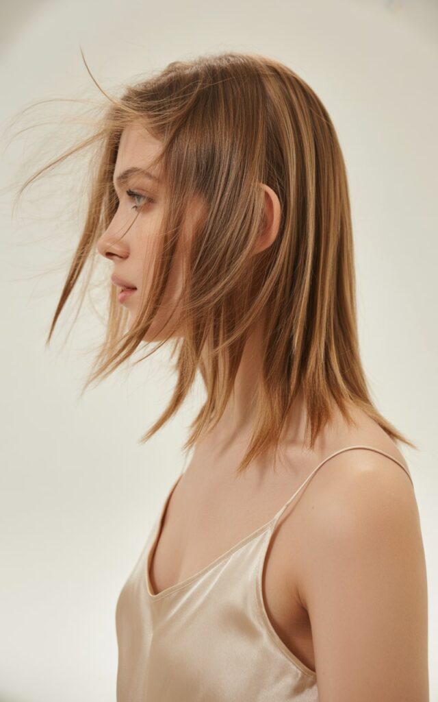 A fashion model with feathered layered hair photographed in side profile, shoulder-length hair with soft wispy ends that appear to float and move in different directions