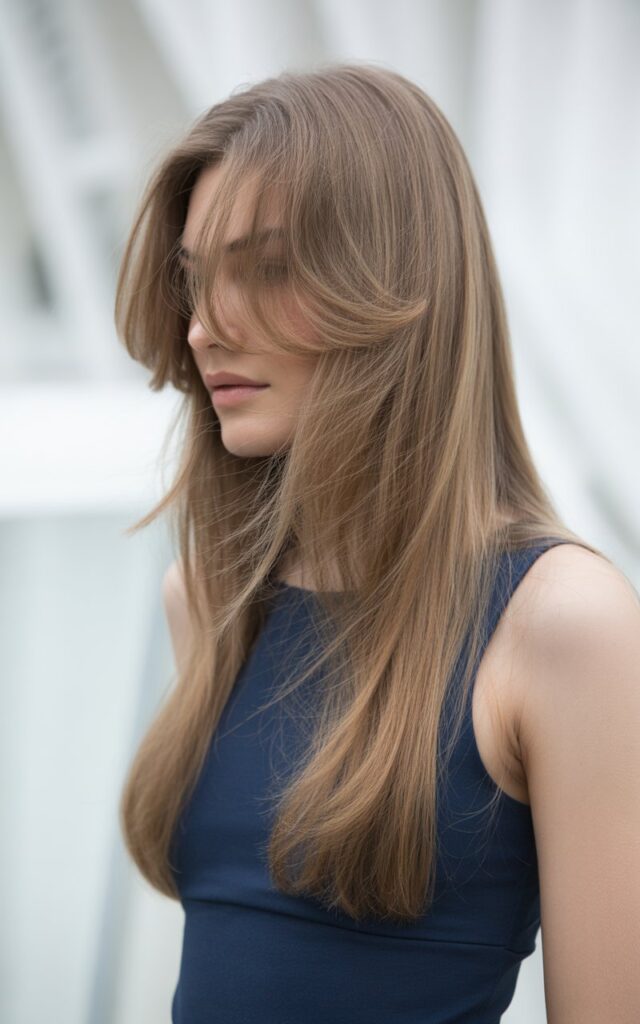 A fashion model with long hair featuring soft face-framing layers photographed in side profile, hair falling past the shoulders with shorter wispy layers starting at cheekbone level blending seamlessly into the longer lengths