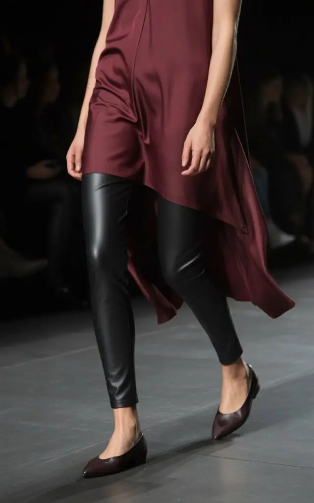 black leather leggings with long flowy mid-thigh tunic and flat shoes