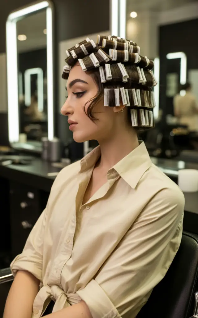 Full closeup to fashion parade female model in side profile, at hair salon during perm treatment with perm rods showing professional styling process, casual outfit.