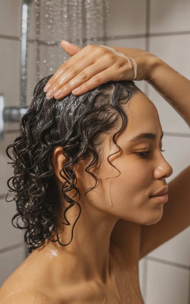 Black woman in side profile applying leave-in conditioner to her tightly coiled Type 4 natural black hair, moisturizing hair care routine in the shower
