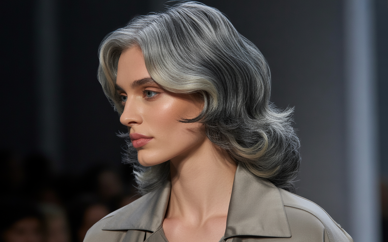 Full closeup to fashion parade female model in side profile, gray hair beautifully blended with highlights and lowlights creating dimensional multitonal color, casual outfit.