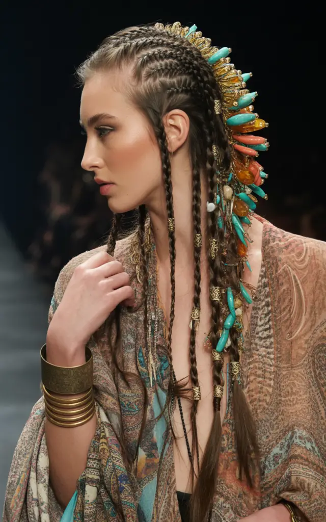 Full closeup to fashion parade female model in side profile, boho mohawk braid adorned with gold cuffs and colorful beads throughout braids, creative bohemian outfit.