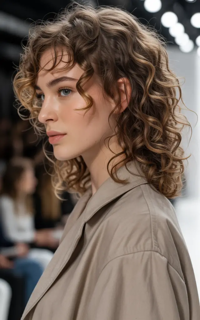 Full closeup to fashion parade female model in side profile, effortless low-maintenance permed curly hair with natural wash-and-wear texture for busy lifestyle, casual outfit.