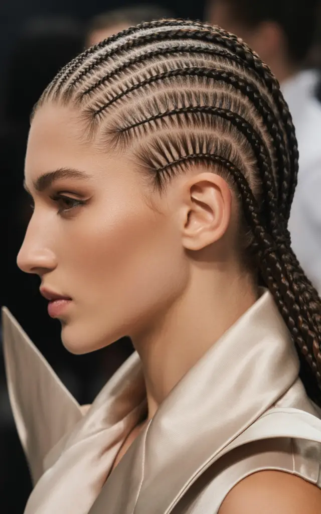 Full closeup to fashion parade female model in side profile, stitch braids mohawk with visible horizontal stitch pattern crossing each cornrow braid, modern polished outfit.