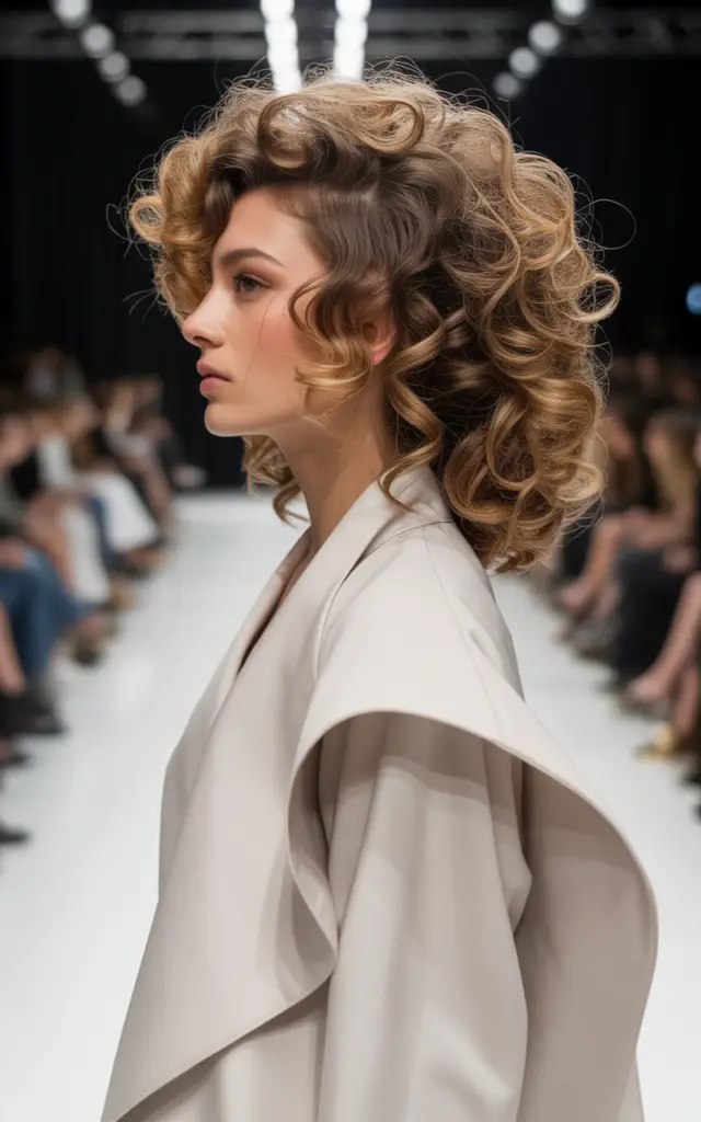 Full closeup to fashion parade female model in side profile, walking fashion runway with textured permed curls in high fashion designer show, elegant designer outfit.