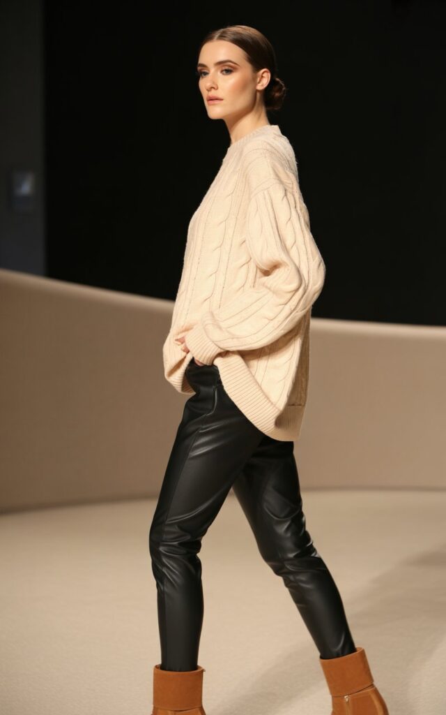 leather leggings with oversized cream sweater and ankle boots