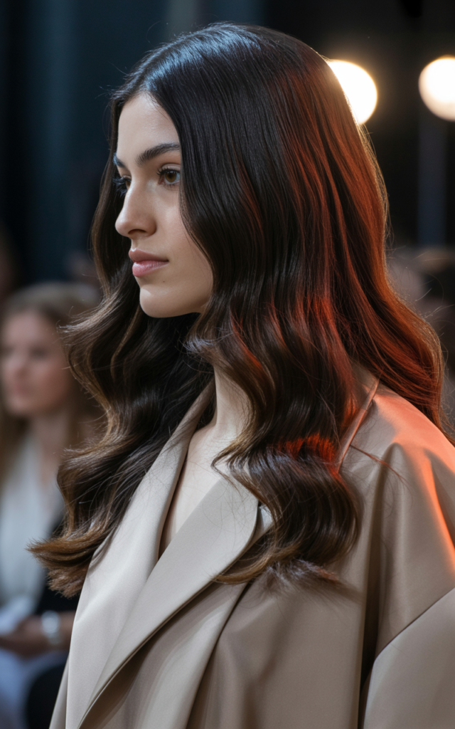 Full closeup to fashion parade female model in side profile, dark hair with chocolate cherry highlights showing deep brown with subtle reddish tones, casual outfit.