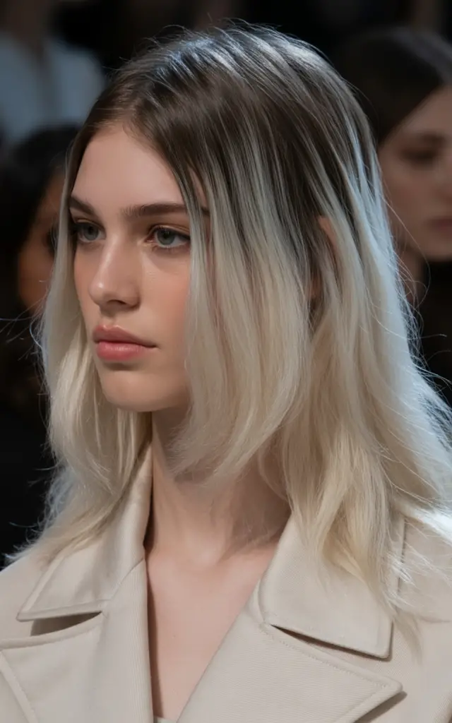 Full closeup to fashion parade female model in side profile, root smudge technique blending gray roots seamlessly into highlighted hair with soft shadow effect at scalp, casual outfit.