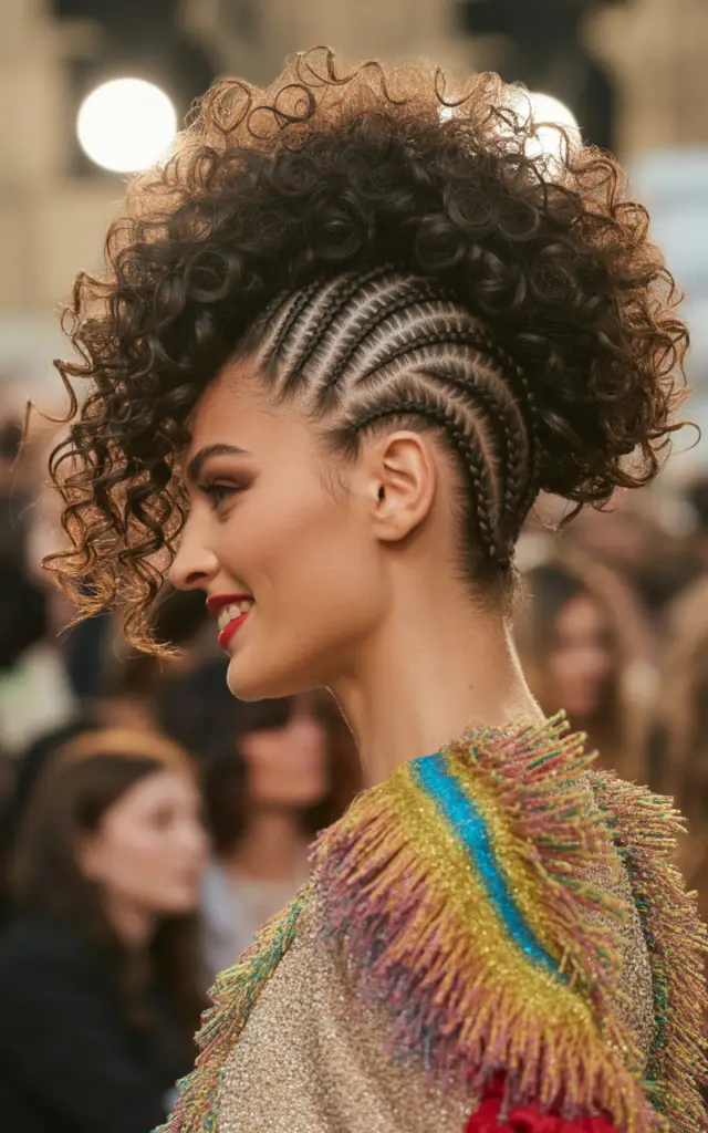 Full closeup to fashion parade female model in side profile, curly mohawk with bouncy defined spirals in center and tight cornrow braids on sides, joyful celebratory outfit.
