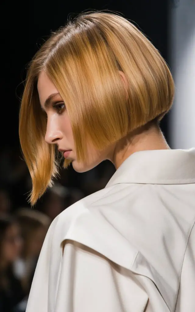 honey blonde bob haircut with golden dimensional color and sleek structured cut