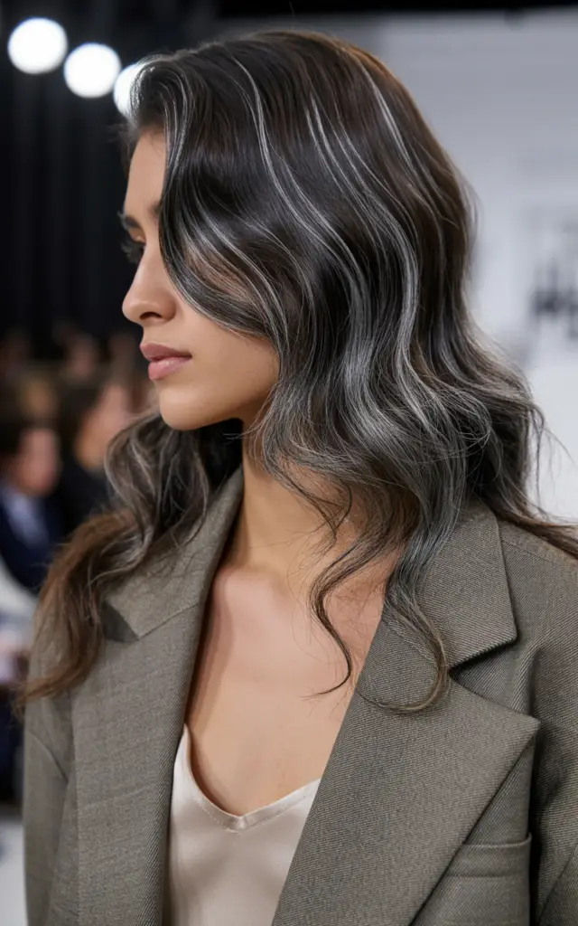 Full closeup to fashion parade female model in side profile, dark brunette hair with dimensional lowlights blending gray strands creating depth and richness, casual outfit.