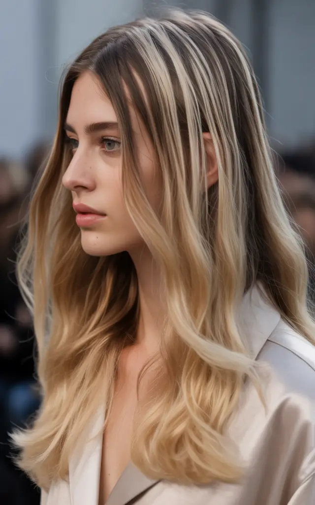 Full closeup to fashion parade female model in side profile, reverse balayage with darker painted pieces covering gray roots while maintaining bright highlights creating dimensional multitonal effect, casual outfit.