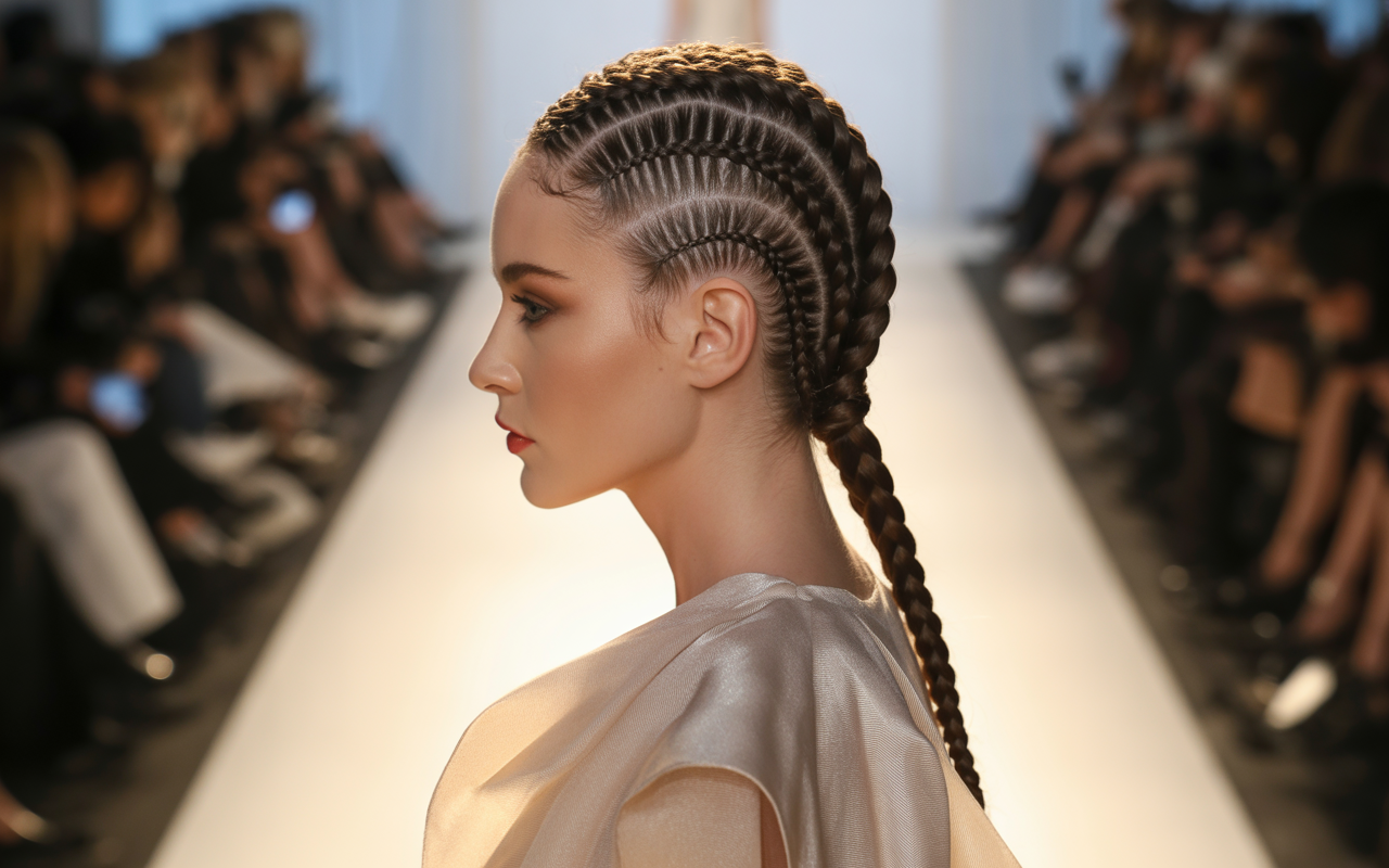 Full closeup to fashion parade female model in back three-quarter profile, gorgeous mohawk braid hairstyle with cornrow sides and center braid, elegant outfit.