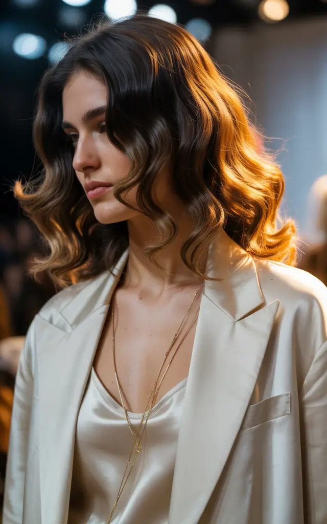 Full closeup to fashion parade female model in side profile, dark hair with golden honey highlights and soft waves, casual outfit.