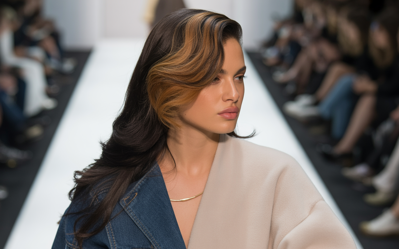 Full closeup to fashion parade female model in side profile, long dark hair with dimensional caramel highlights, casual outfit.