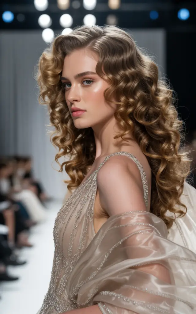 Full closeup to fashion parade female model in side profile, glamorous permed curly hair in celebrity red carpet style, elegant outfit.