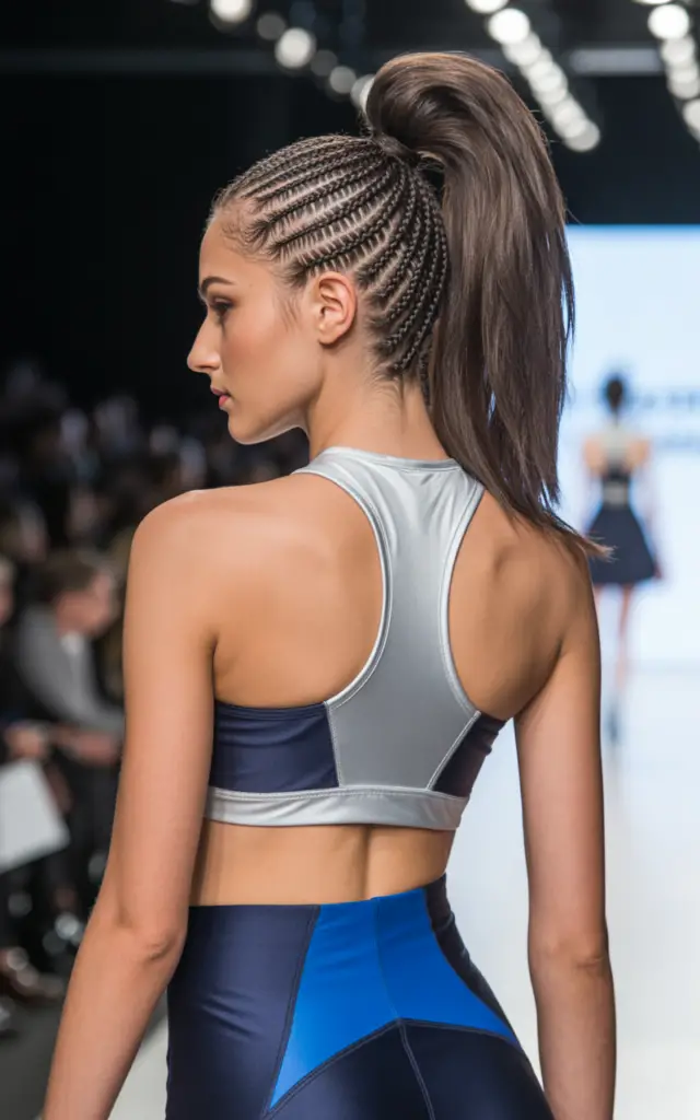 Full closeup to fashion parade female model in back three-quarter profile, ponytail mohawk with cornrow sides and high flowing ponytail at crown, active chic outfit.