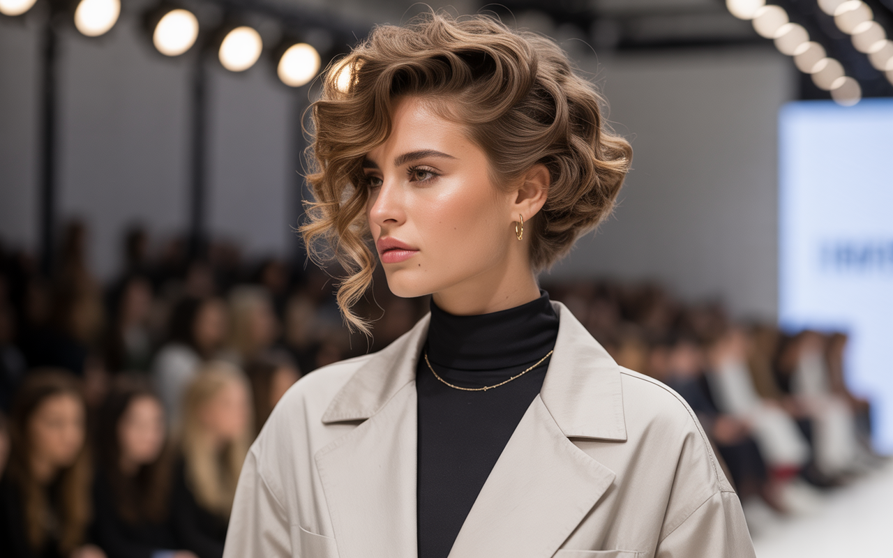 Full closeup to fashion parade female model in side profile, showcasing modern permed curly hair with soft waves and texture, trendy casual outfit.