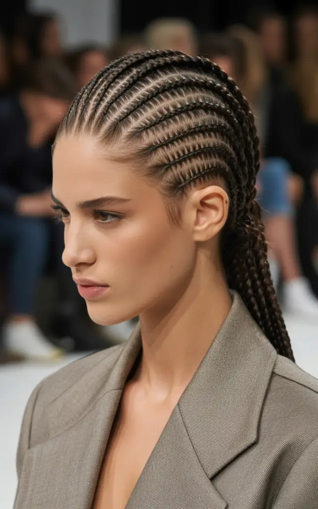 Full closeup to fashion parade female model in side profile, classic cornrow mohawk with tight rows braided flat on sides and raised center section, casual chic outfit.