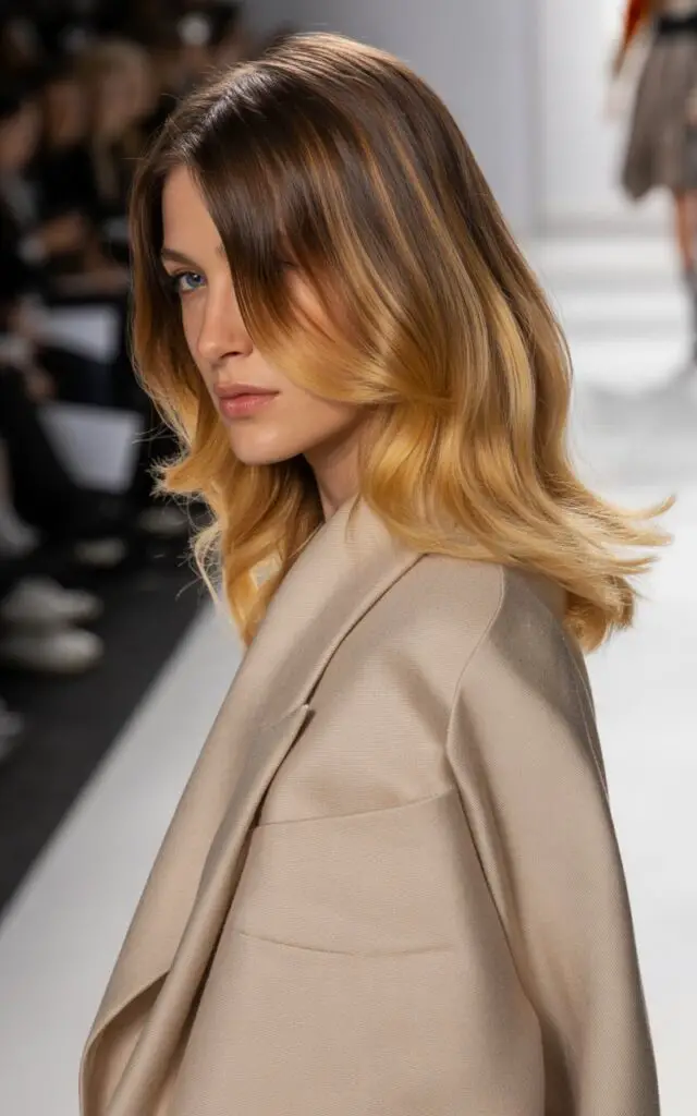 honey bronde hair with multidimensional brown and honey blonde blend, darker roots transitioning to lighter golden ends