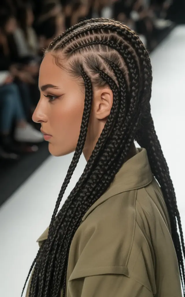Full closeup to fashion parade female model in side profile, box braids mohawk with side braids pinned flat and center box braids flowing loose and free, versatile casual outfit.