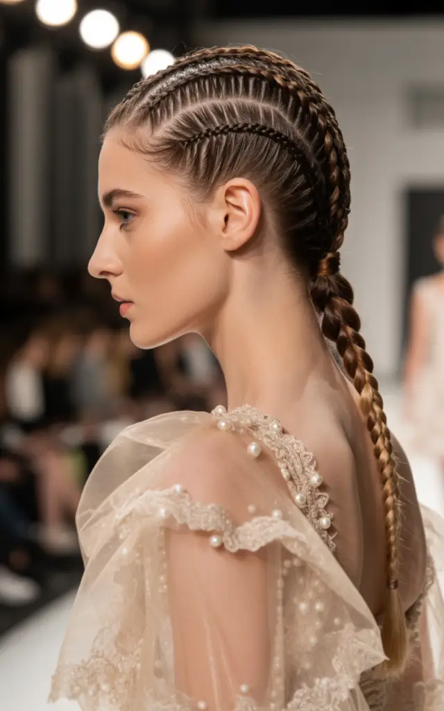 Full closeup to fashion parade female model in back three-quarter profile, French braid mohawk with raised woven texture down center and smooth slicked sides, elegant romantic outfit.