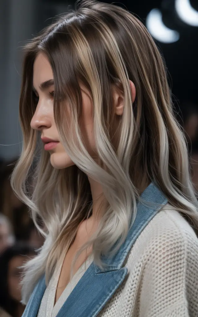 Full closeup to fashion parade female model in side profile, bright foilayage highlights with precise placement blending gray hair on dark base color showing natural dimensional effect, casual outfit.