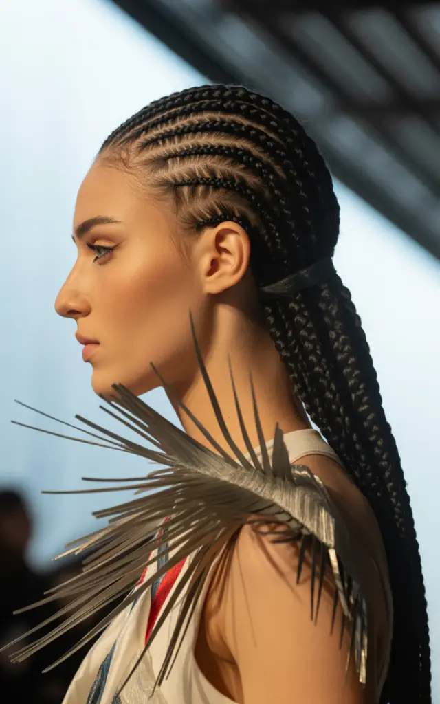 Full closeup to fashion parade female model in side profile, Ghana braids mohawk with thick rope-like rows increasing in fullness from front to back, bold dramatic outfit.