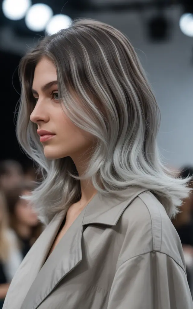 Full closeup to fashion parade female model in side profile, hand-painted balayage highlights blending naturally with gray hair showing soft gradient from roots to ends, casual outfit.