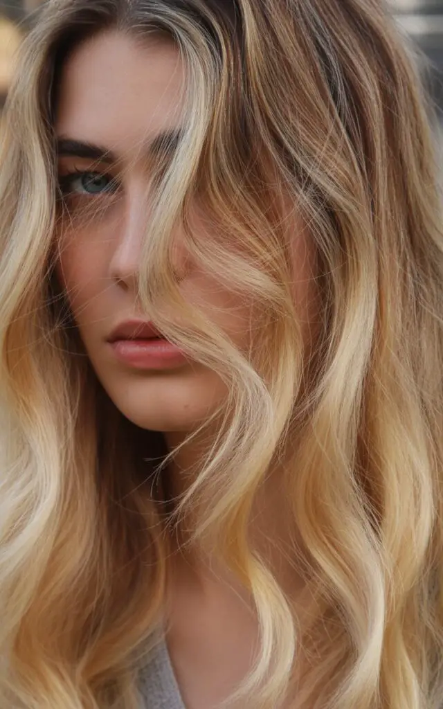 Full closeup to bright blonde balayage highlights achieved with foilayage technique, dimensional hand-painted color with foil-lifted brightness, at-home balayage results, fashion parade female model, casual outfit.