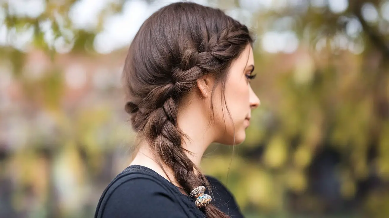 Woman with dark hair in a Dutch braid, wearing a black top, shown in side profile against a blurred outdoor background. Decorative beads adorn the end of her braid.