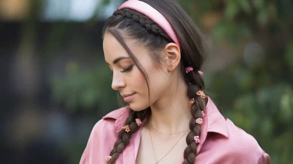 Woman with braided hair adorned with pink beads, wearing a pink headband and shirt, looking down with a serene expression in a natural outdoor setting