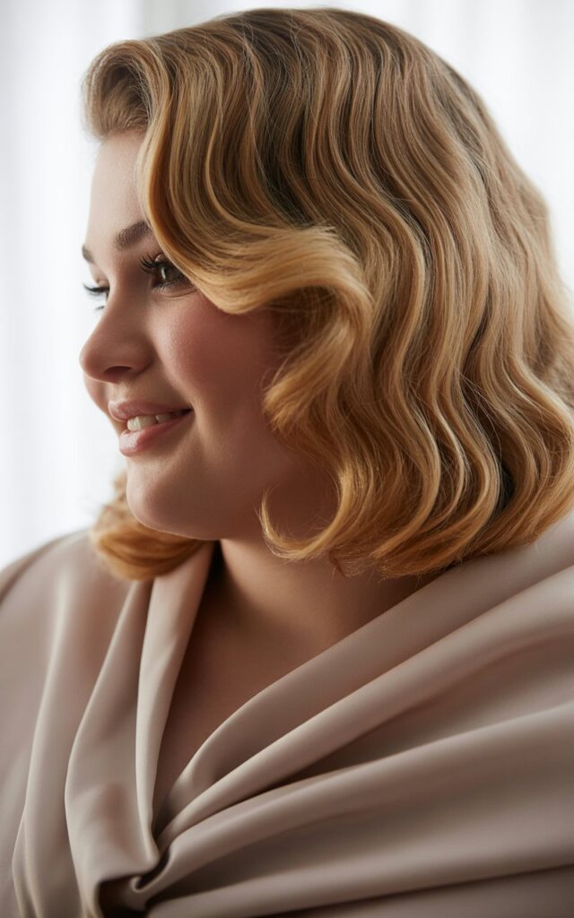 a plus-size female model captured in elegant side profile, showcasing her beautiful round face