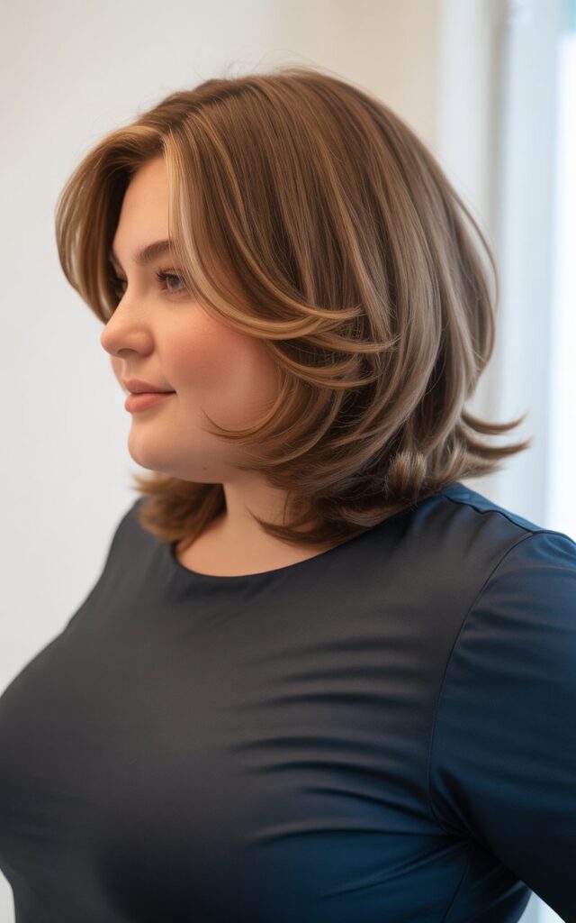 a plus-size female model showcasing a trendy layered lob haircut