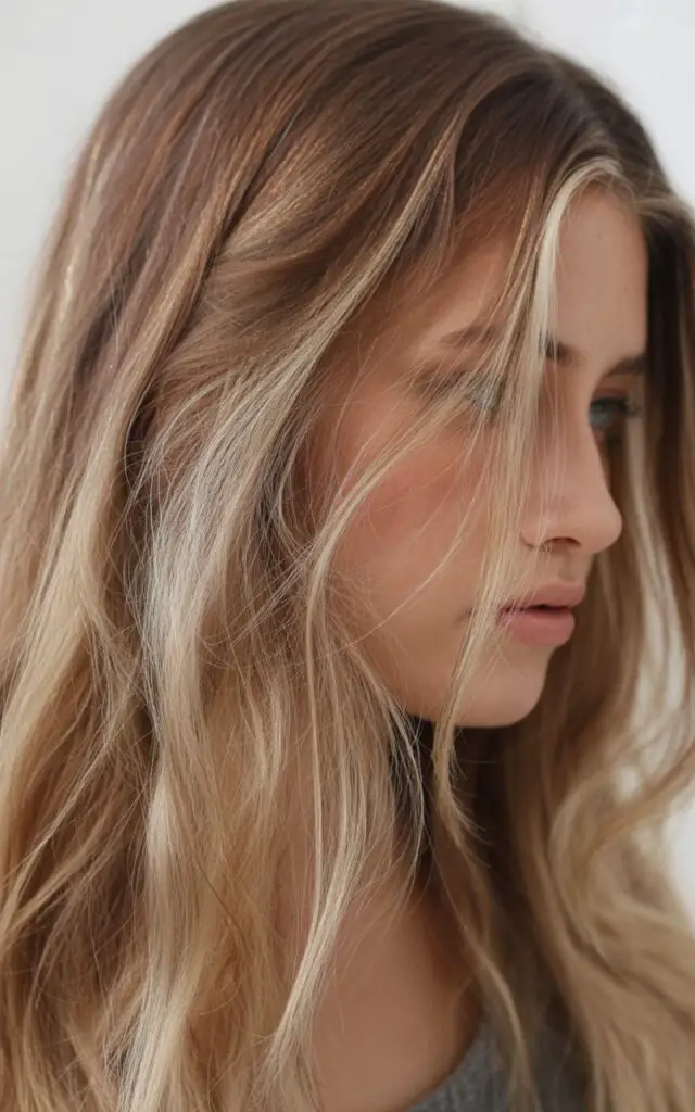 Full closeup to babylights balayage with ultra-fine natural highlights scattered throughout hair, delicate sun-kissed blonde streaks, subtle dimensional color at home, professional magazine cover fashion parade female model, casual outfit, side profile.