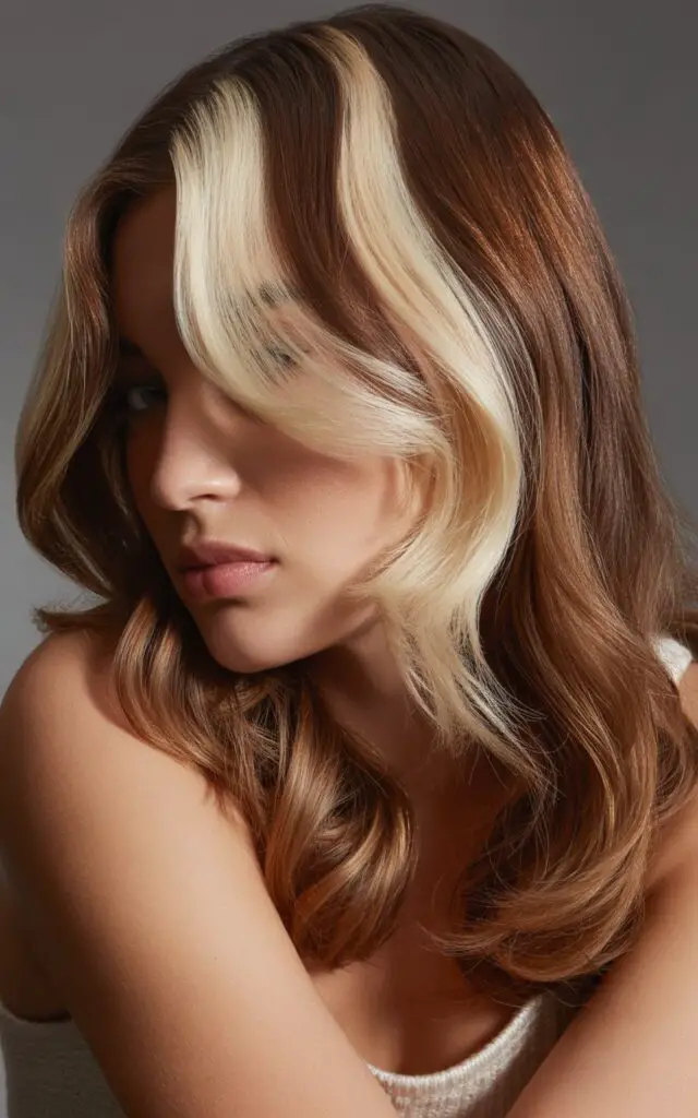 Full closeup to money piece balayage with two bright blonde face-framing highlights, dramatic contrast against darker base color, bold front sections balayage at home, professional magazine cover fashion parade female model, casual outfit, side profile.