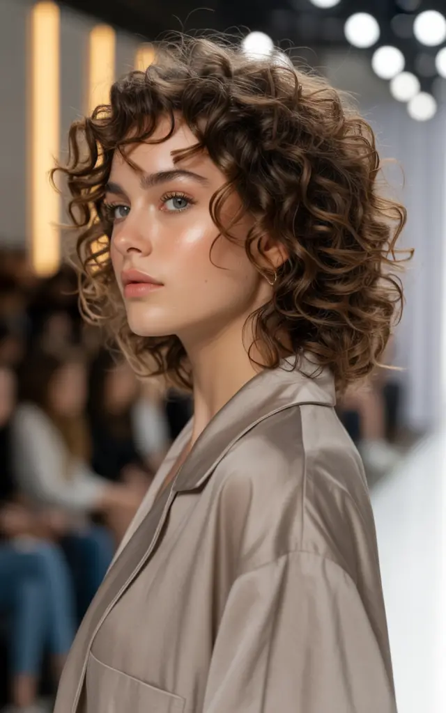 Full closeup to fashion parade female model in side profile, shiny healthy permed curly hair with modern gentle perm technique showing lustrous conditioned results, casual outfit.