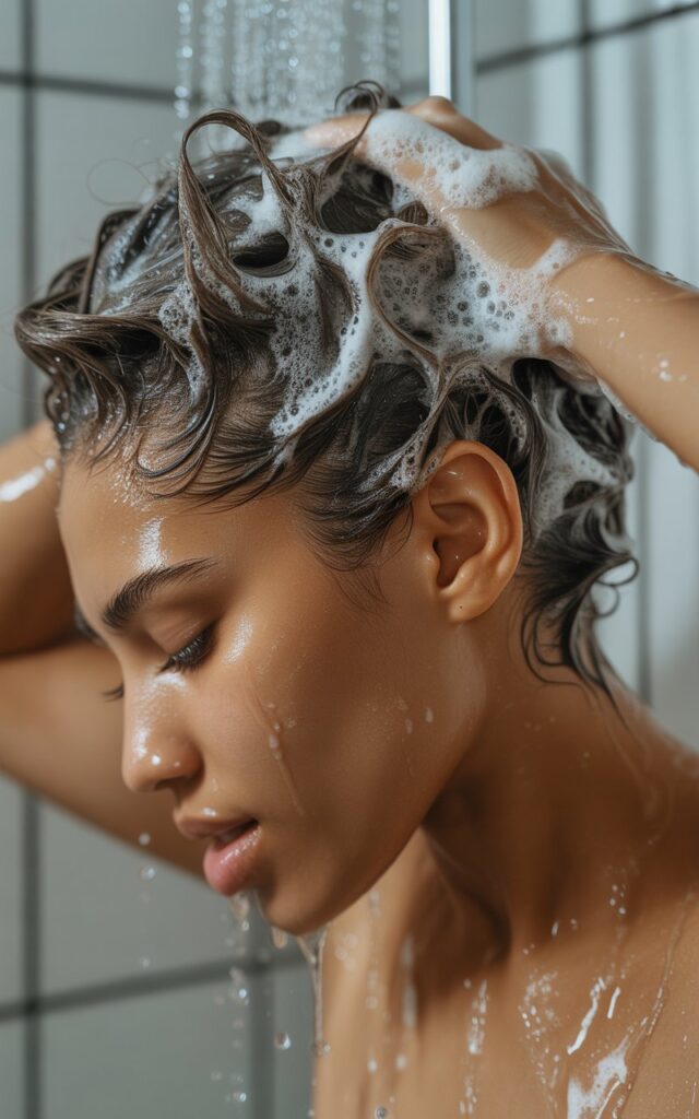 Black woman in side profile washing her tightly coiled Type 4 natural black hair with sulfate-free shampoo, hair lathered at the scalp, shower setting