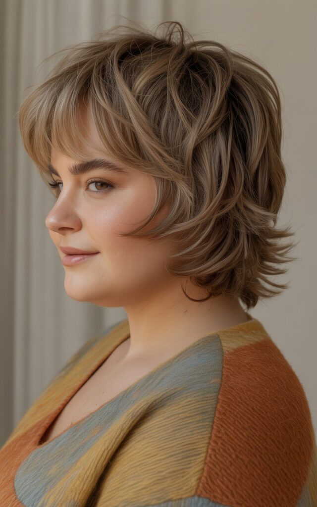 a round-faced, chubby female model showcasing a trendy wolf cut hairstyle in side profile