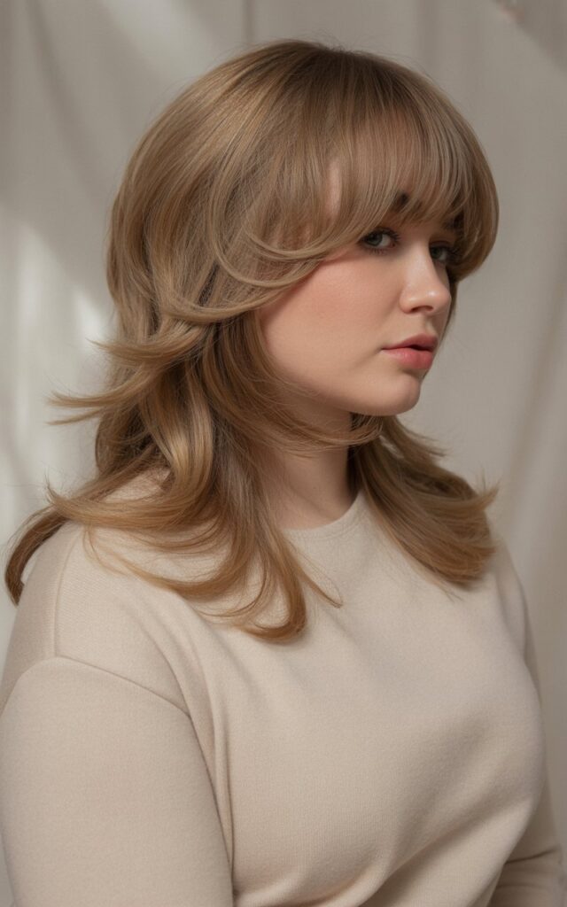 a round-faced, curvy female model in side profile showcasing curtain bangs with face-framing layers