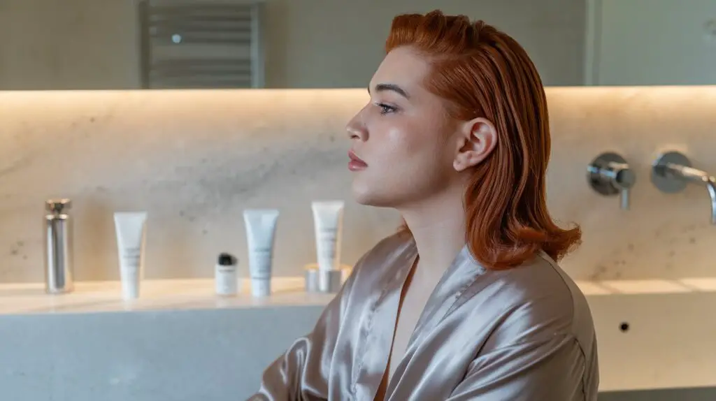 Latin person with auburn hair wearing a silk robe in a modern bathroom with skincare products and soft lighting