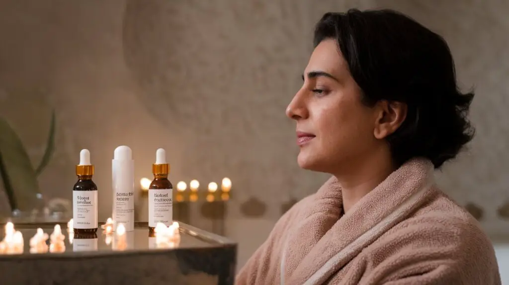 Middle Eastern person with black hair wearing a plush bathrobe in a spa-like setting with anti-aging serums displayed