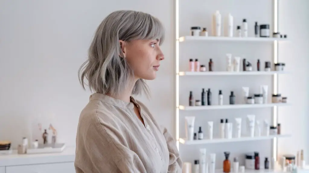 Nordic woman with ash blonde hair wearing a linen dress in a bright, modern skincare boutique.