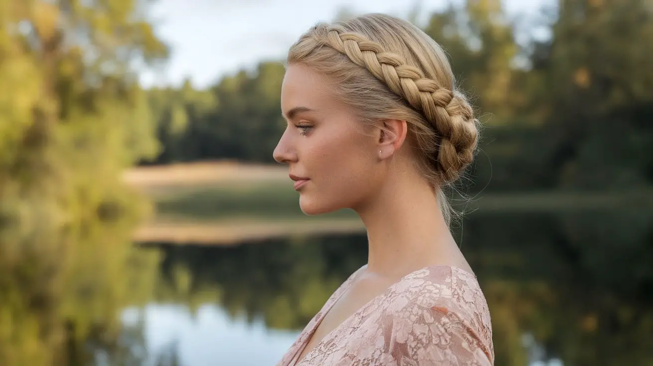 Dutch Crown Braid, showcasing a poised look with a serene outdoor background